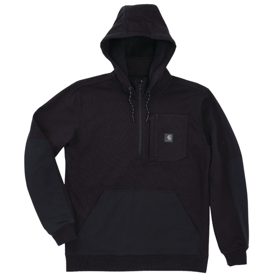 Black pullover hoodie with a front zipper, chest pocket, and kangaroo pocket