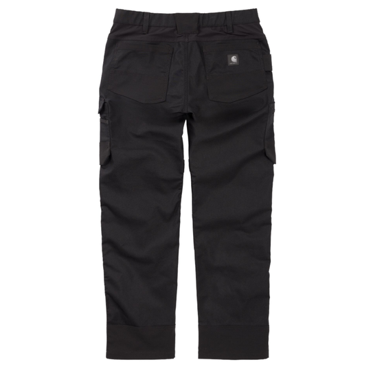 Black cargo pants with a brand logo on a white background