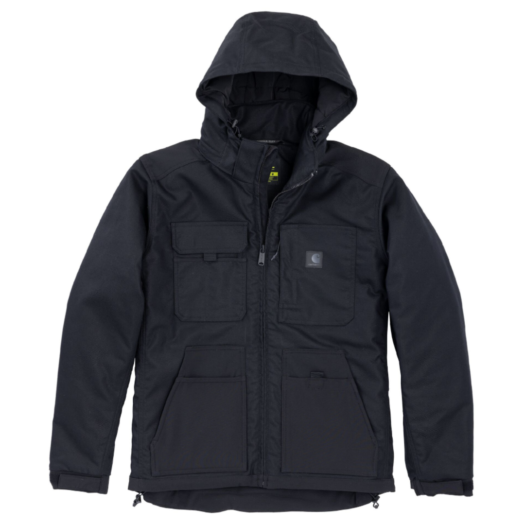 Black jacket with a hood on a white background