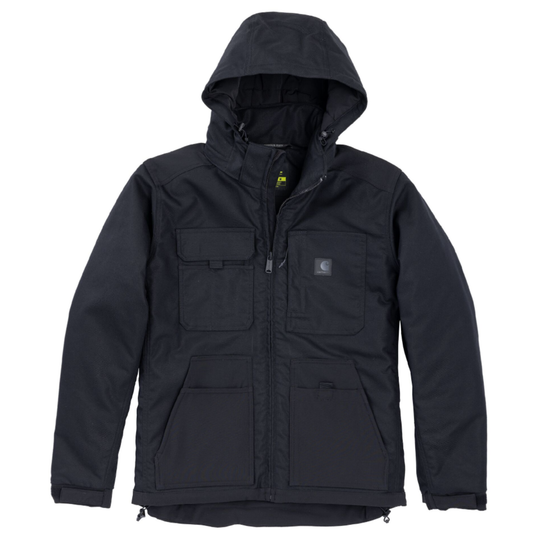 Black jacket with a hood on a white background