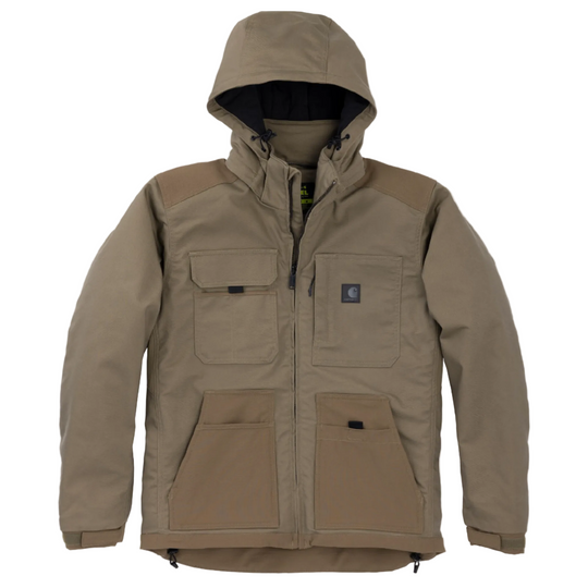 Brown jacket with multiple pockets on a white background