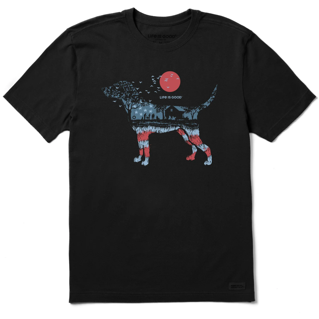Black t-shirt with a graphic of a dog and sunset design on a white background