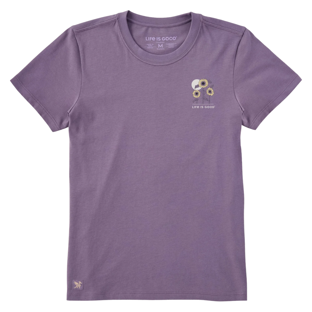 Purple t-shirt with a small logo on a white background