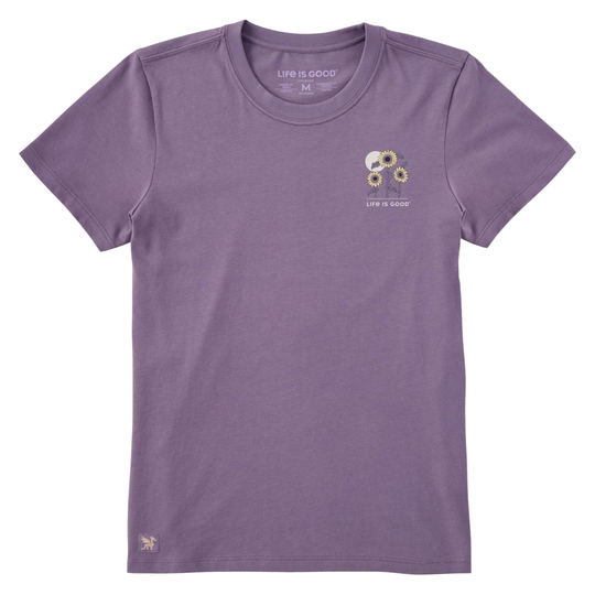 Purple t-shirt with a small logo on a white background