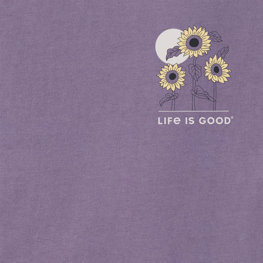 purple life is good shirt with logo and yellow sunflowers and white moon in the background