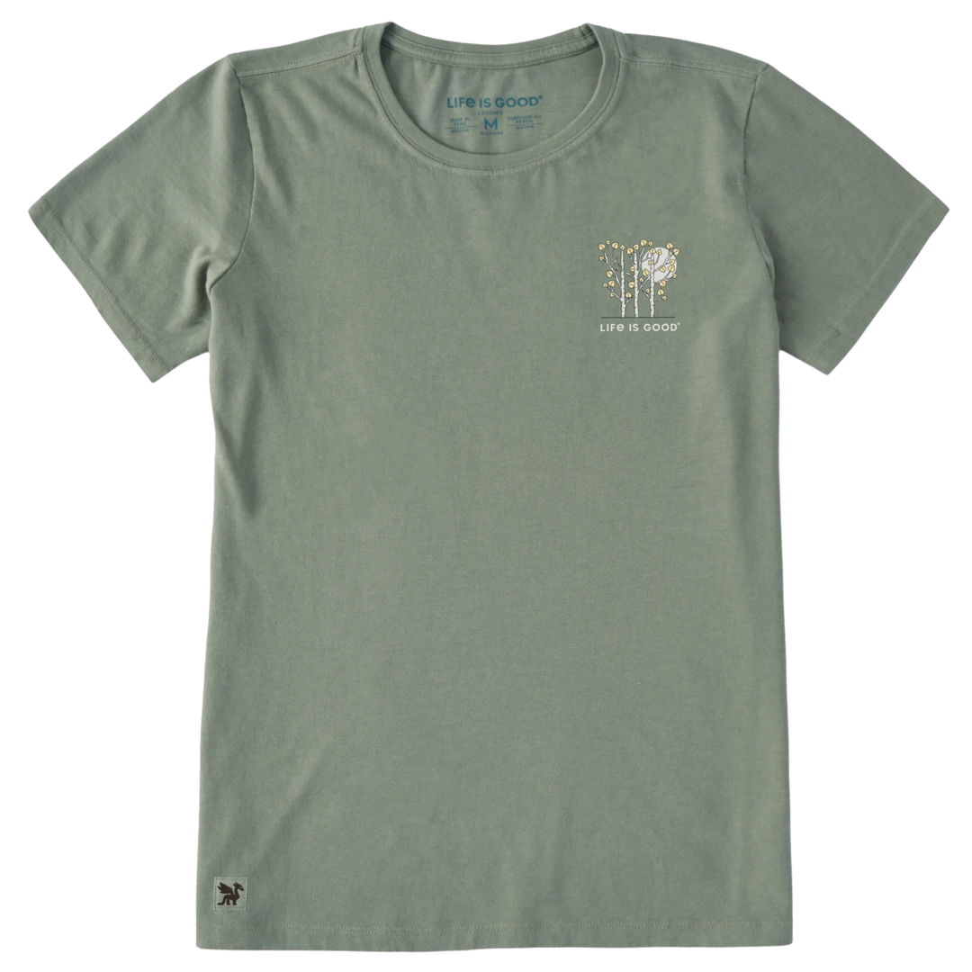 Green t-shirt with a small logo on a white background