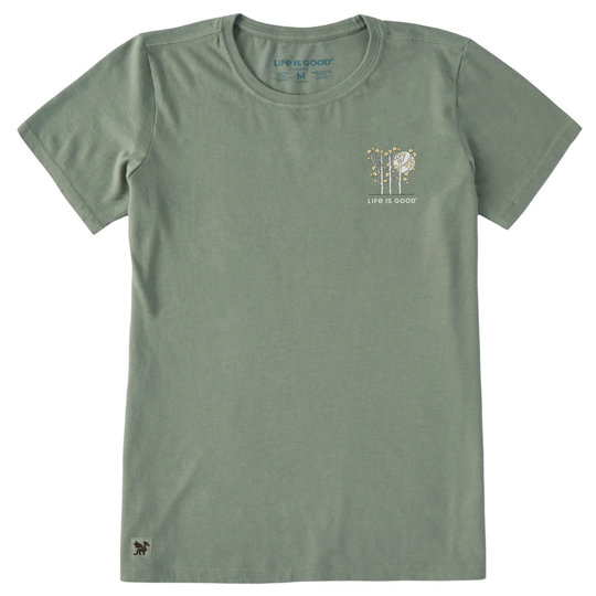 Green t-shirt with a small logo on a white background