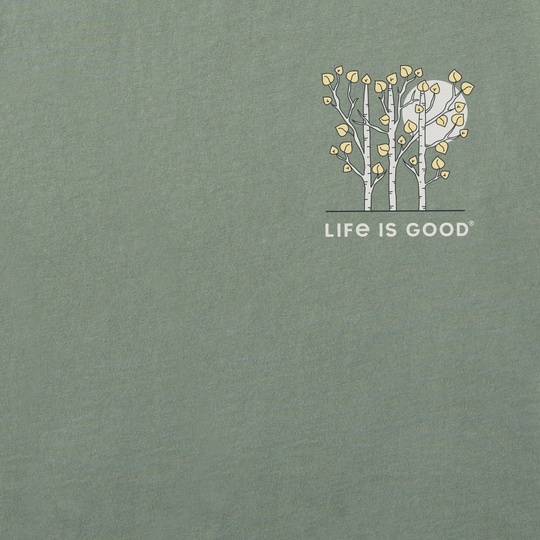 Green t-shirt with 'Life is Good' logo and tree design on a plain background