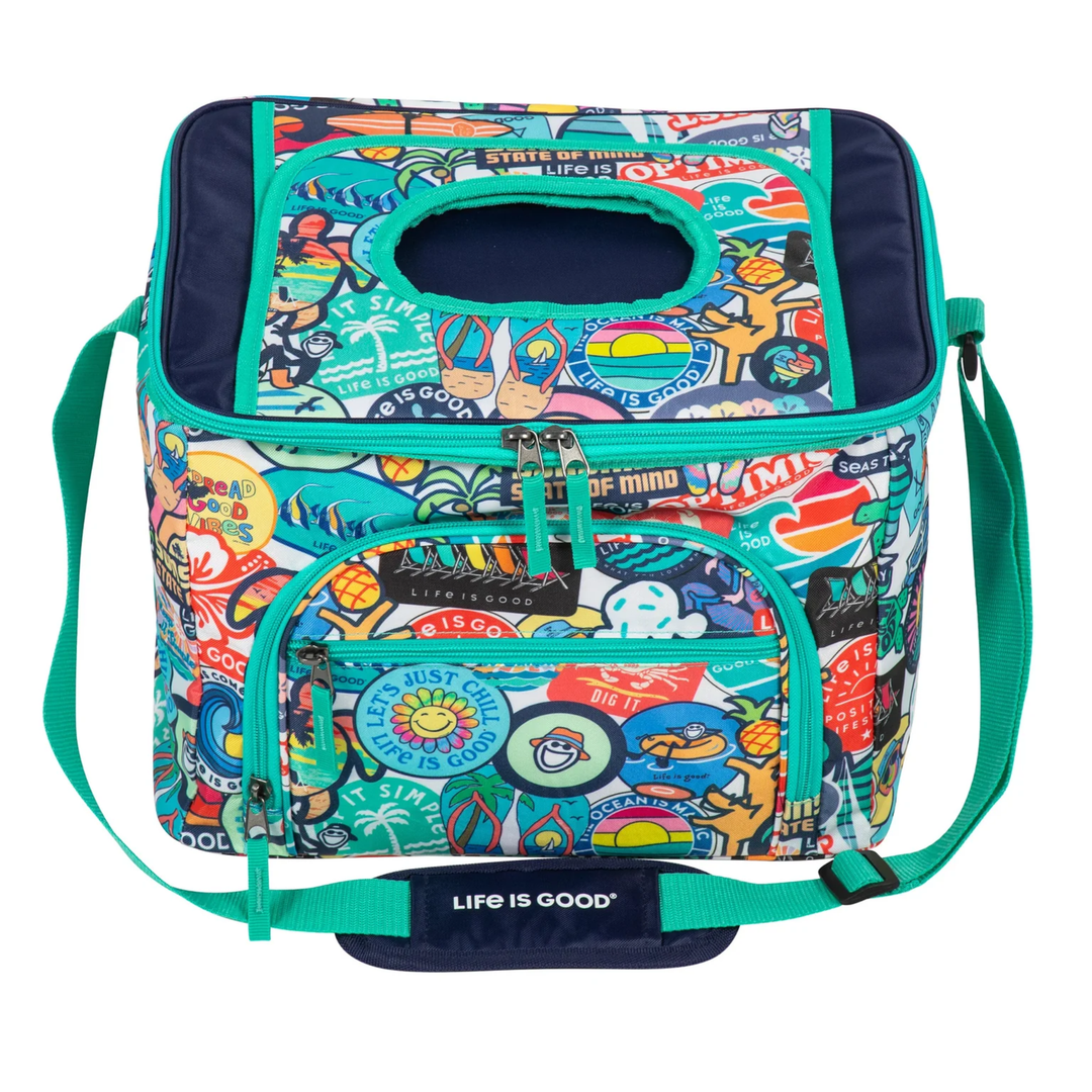 Colorful insulated cooler bag with 'Life is Good' branding on a white background
