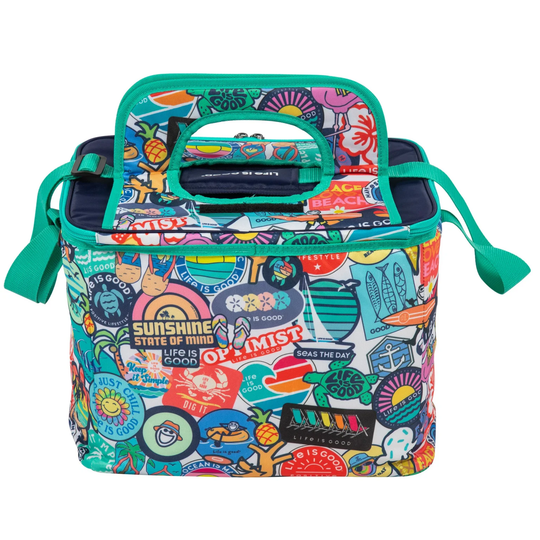 Colorful insulated lunch bag with a pattern of text and graphics on a white background
