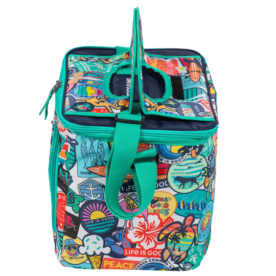 Colorful insulated lunch bag with 'Life is Good' pattern on a white background