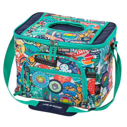 Colorful cooler bag with 'Life is Good' branding on a white background