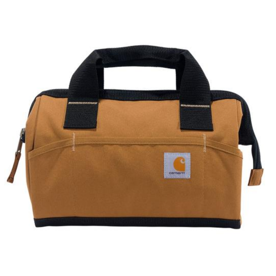 brown tool bag with sewn on Carhartt logo with black handles