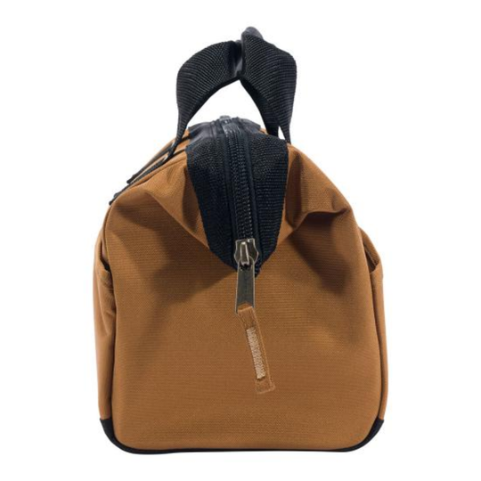 brown tool bag side showing zipper