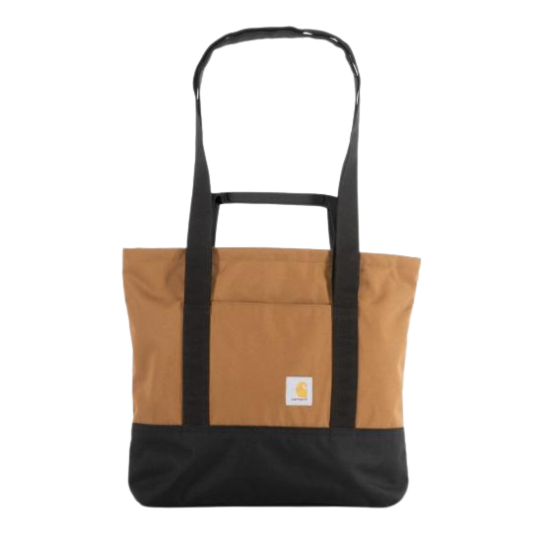 Tote bag with black top half and brown bottom half on a white background