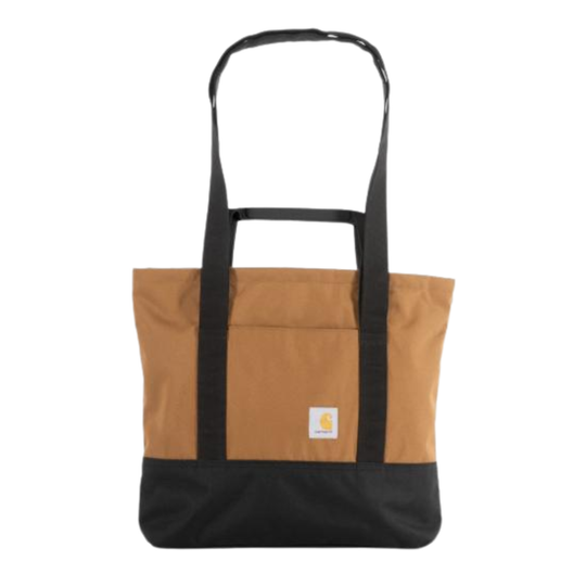 Tote bag with black top half and brown bottom half on a white background