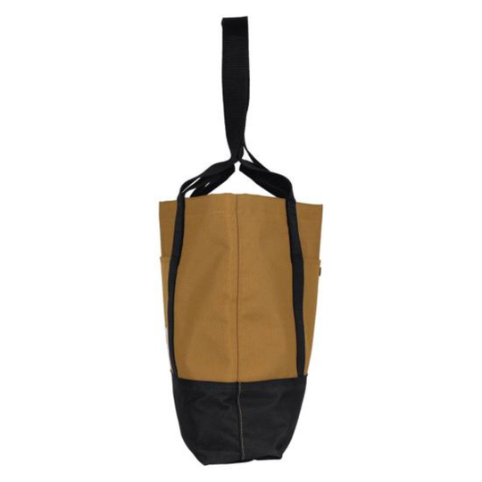 Brown and black bag with a strap on a white background