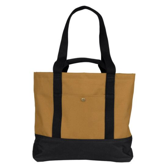 Tote bag with black handles and bottom, and mustard yellow side panels on a white background