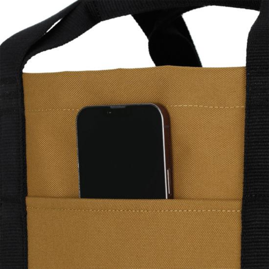 Brown pocket on a black bag with a smartphone inside