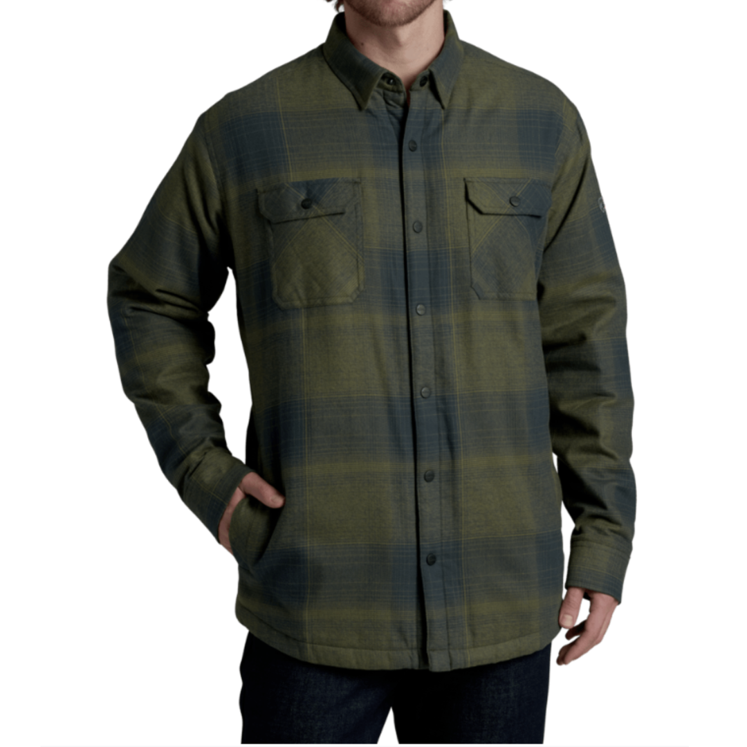 Green plaid shirt worn by a person on a white background