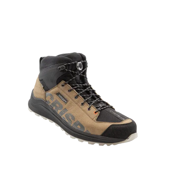 Brown and black hiking boot with brand logo on a white background