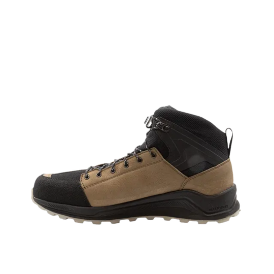 Hiking boot with black and brown design on a white background