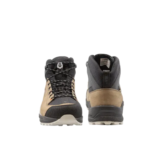 Pair of black and brown hiking boots on a white background