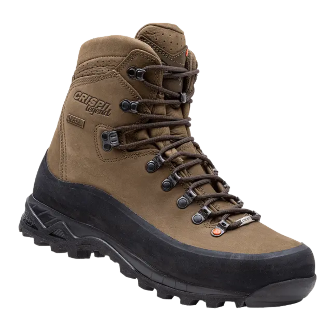 Brown hiking boot with black sole on a white background
