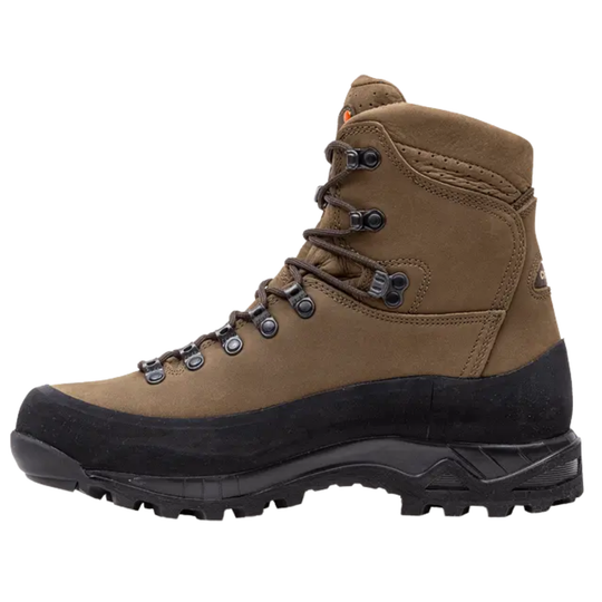 Brown hiking boot with black sole on a white background
