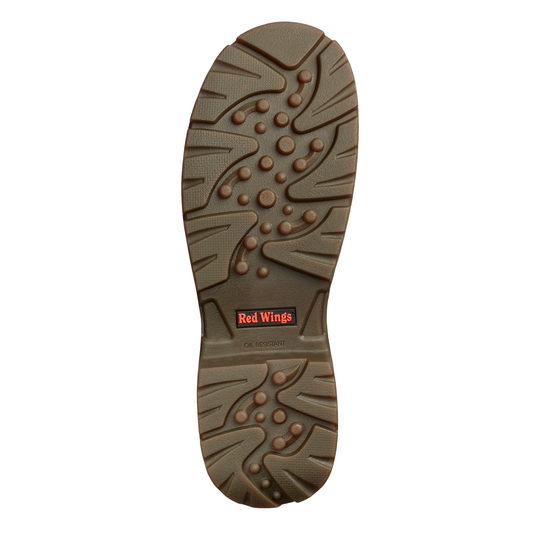 Brown shoe sole with Red Wings logo on a white background