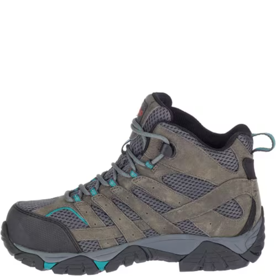 Gray hiking boot with teal accents on a white background