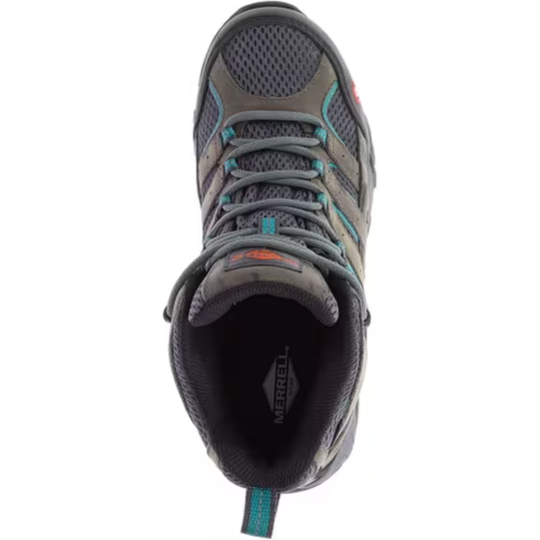 Gray hiking boot with teal accents on a white background