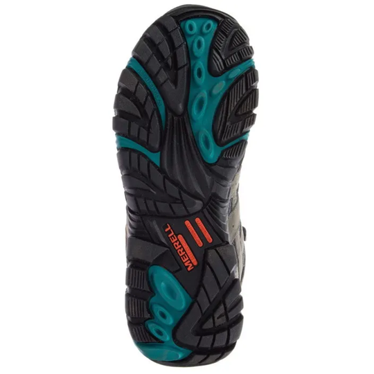 Close-up of a Merrell hiking boot sole on a white background