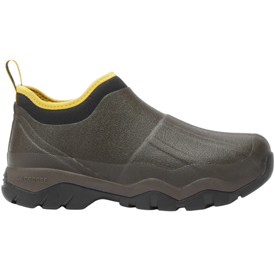 Brown slip-on shoe with yellow lining on a white background