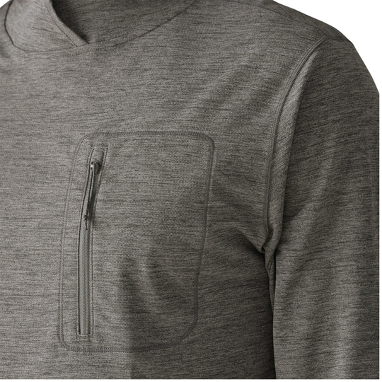 Gray pullover with a front pocket and zipper on a white background