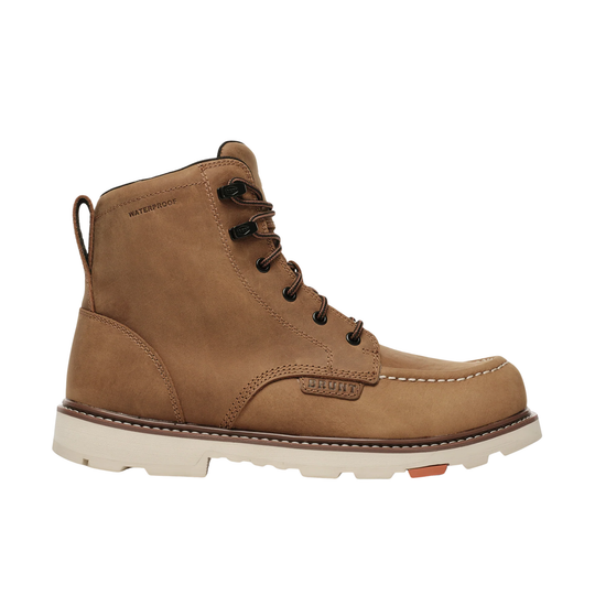 Brown leather boot with white sole on a white background