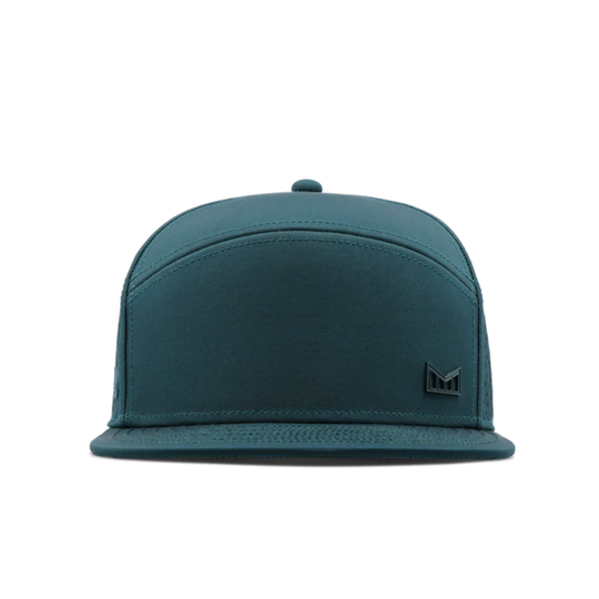 Atlantic blue hat with melin logo on corner behind white background 
