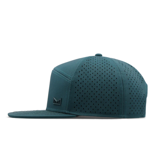 Atlantic blue hat with melin logo on corner behind white background 