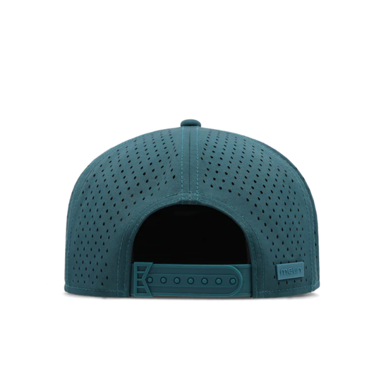 back of Atlantic blue hat with melin logo on corner behind white background 