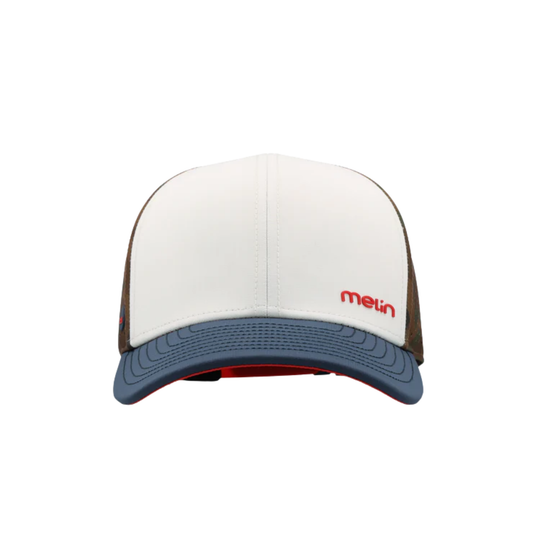 Trucker hat with white front panel, brown side panels, and blue back panel on a white background