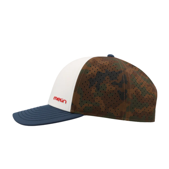 Camouflage baseball cap with white and blue accents on a white background