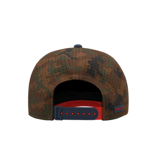 Camouflage-patterned cap with red interior and blue brim on a white background
