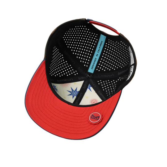 Black and red cap with a unique pattern on the brim against a white background