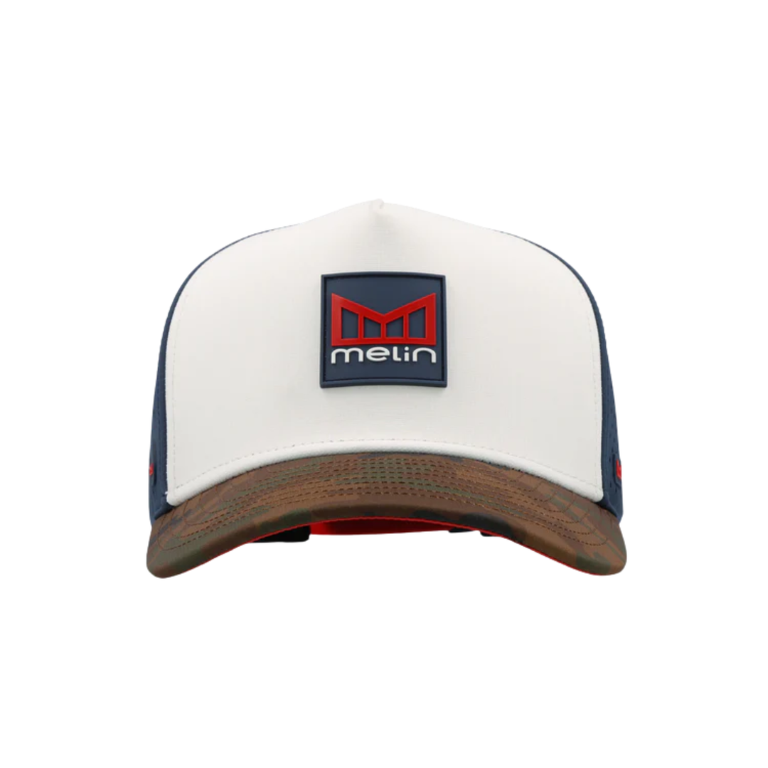 White cap with brown brim and Melin logo on a white background