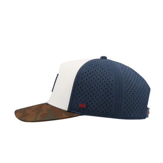Multicolored cap with white, blue, and brown sections on a white background