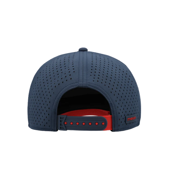 Navy blue cap with red interior and brand logo on a white background
