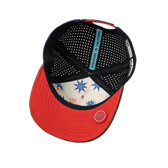Baseball cap with red brim, black mesh back, and colorful star pattern interior on a white background