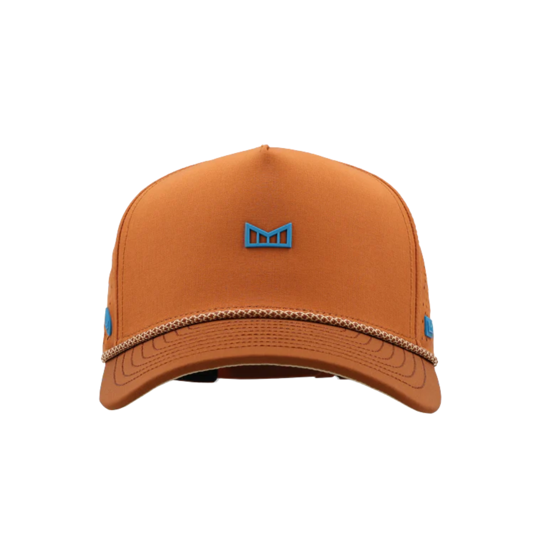 Brown cap with a blue logo on a white background