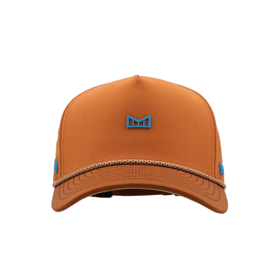 Brown cap with a blue logo on a white background