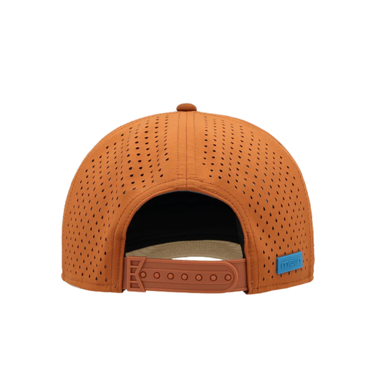 Orange perforated cap with a blue label on a white background